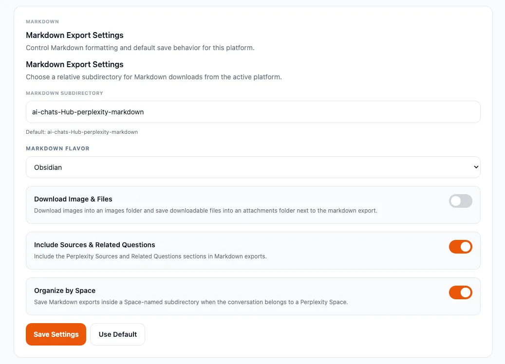 Markdown Export Settings panel showing Markdown subdirectory, Markdown flavor, and download image and files options
