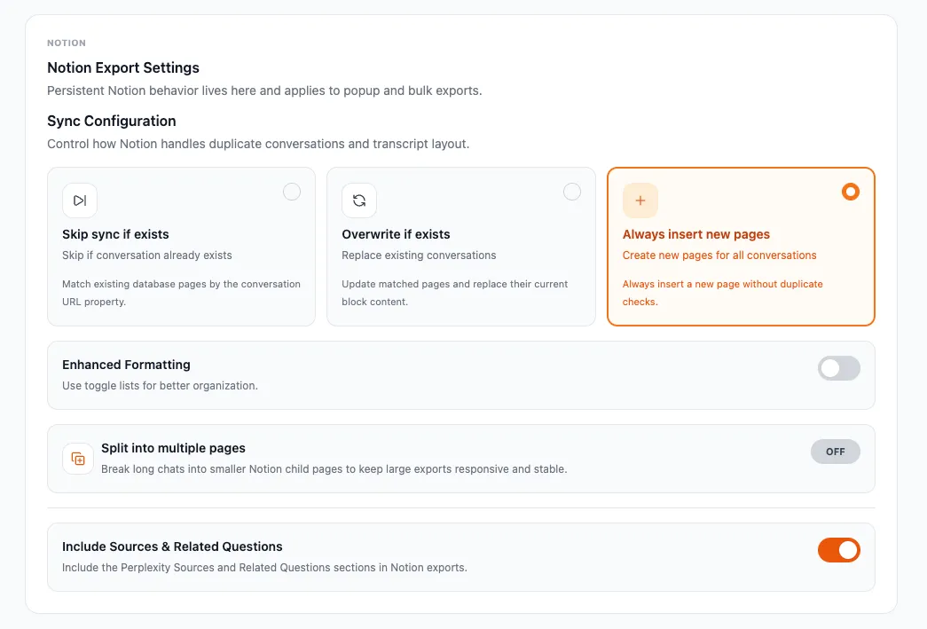 Notion Export Settings sync configuration showing duplicate handling options