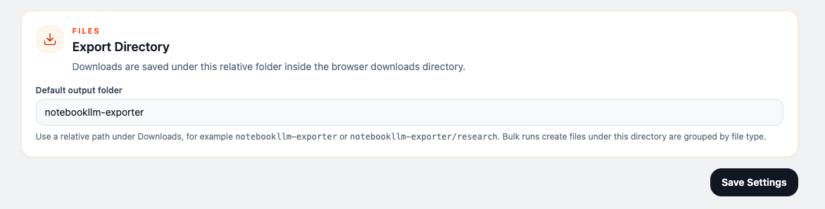 NotebookLMExporter settings placeholder showing output directory and PDF options